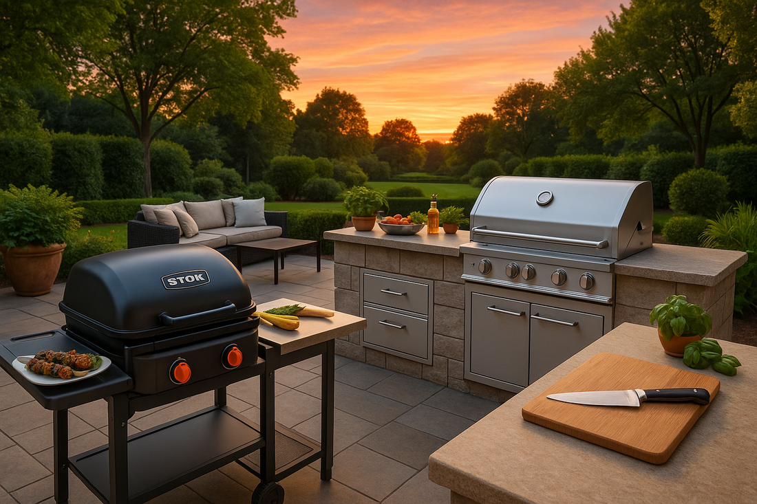 Outdoor kitchen with STOK island grill and built-in grill island, showcasing a stylish patio setup.