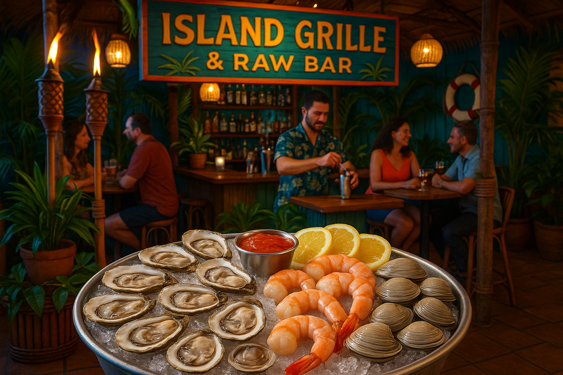 Vibrant island grille and raw bar with fresh seafood display and tropical decor.